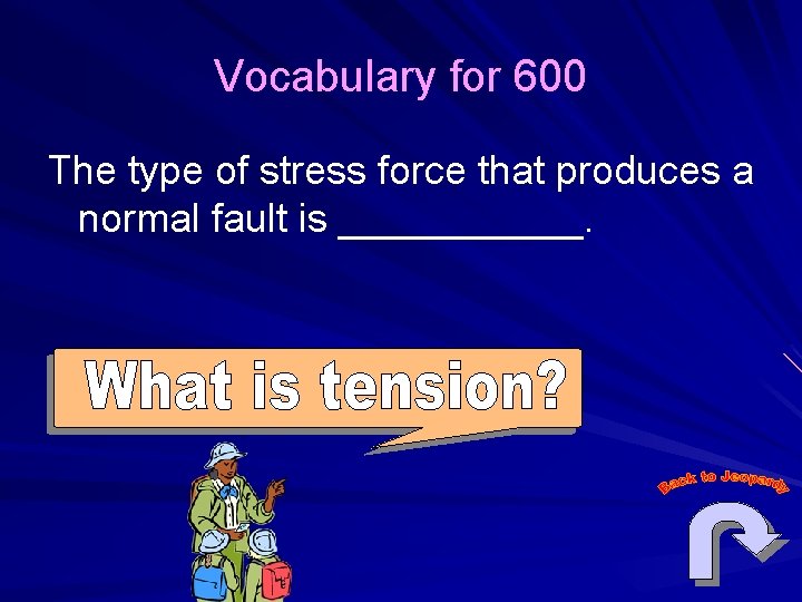 Vocabulary for 600 The type of stress force that produces a normal fault is