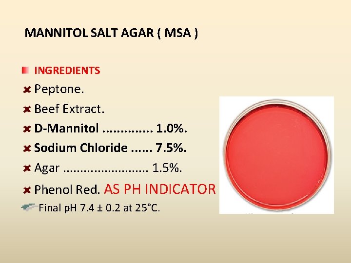 MANNITOL SALT AGAR ( MSA ) INGREDIENTS Peptone. Beef Extract. D-Mannitol. . . 1.