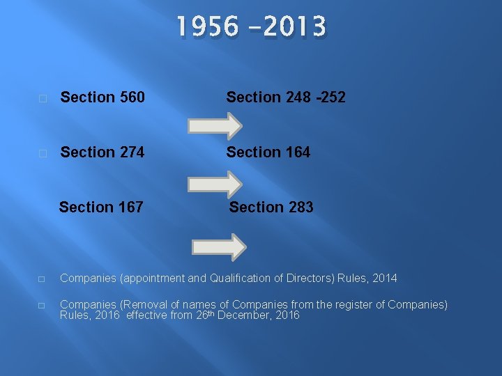 1956 -2013 � Section 560 Section 248 -252 � Section 274 Section 167 Section