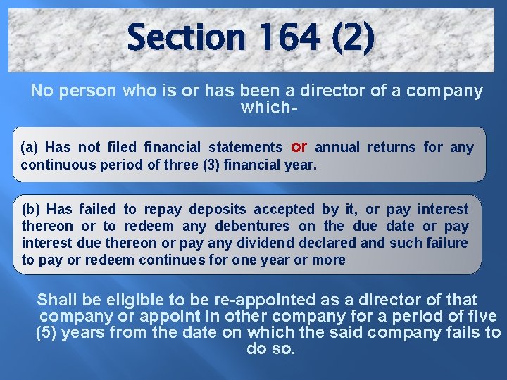 Section 164 (2) No person who is or has been a director of a