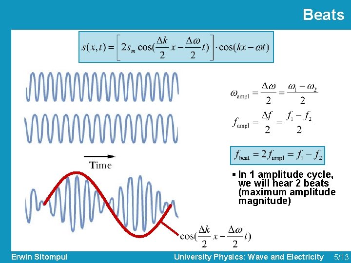 Beats § In 1 amplitude cycle, we will hear 2 beats (maximum amplitude magnitude)