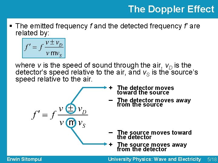 The Doppler Effect § The emitted frequency f and the detected frequency f’ are