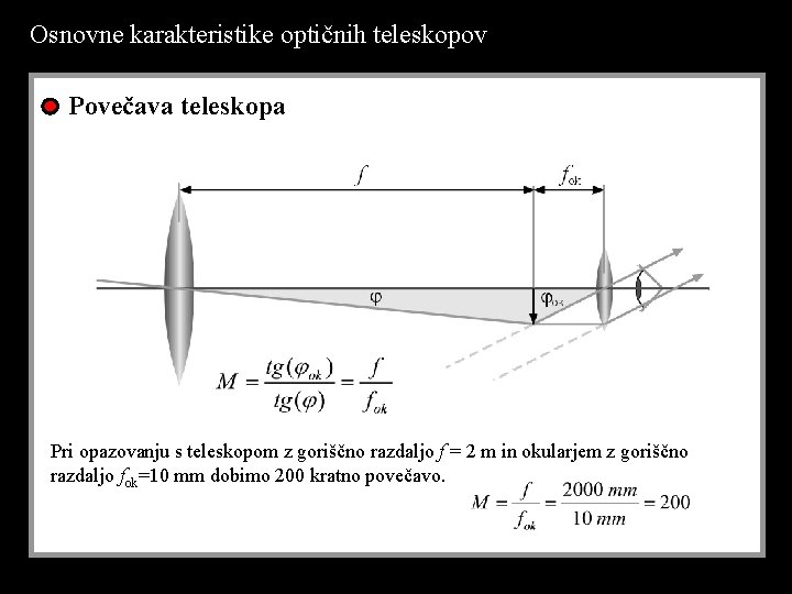 Osnovne karakteristike optičnih teleskopov Povečava teleskopa Pri opazovanju s teleskopom z goriščno razdaljo f