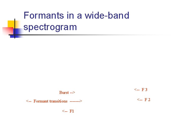 Formants in a wide-band spectrogram Burst --> <-- Formant transitions -------> <-- F 1