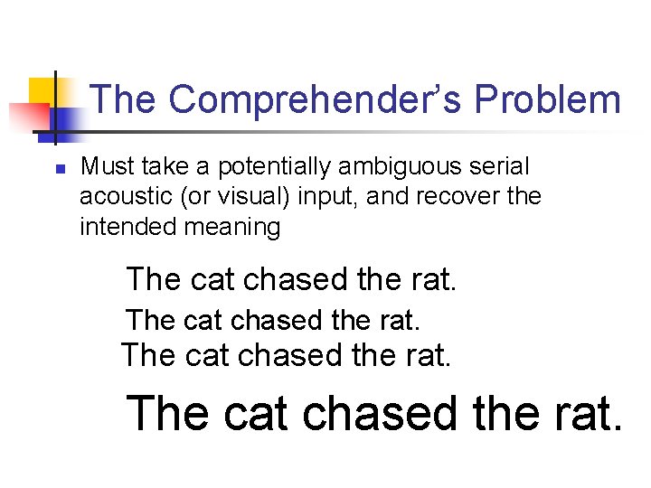 The Comprehender’s Problem n Must take a potentially ambiguous serial acoustic (or visual) input,