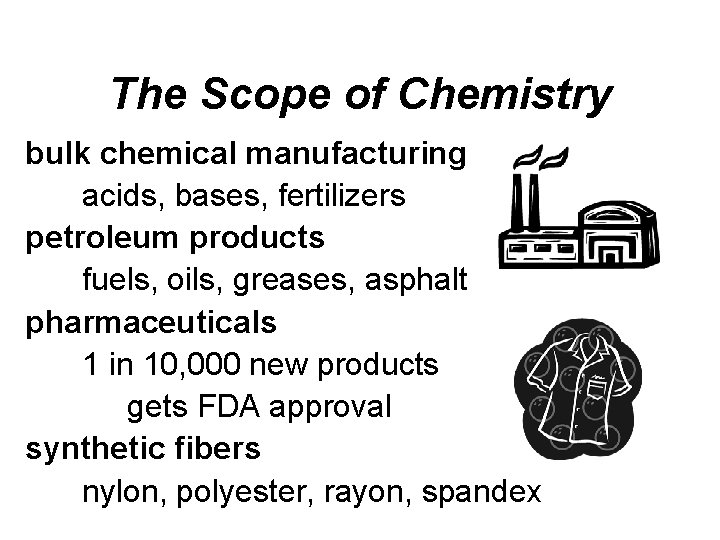 The Scope of Chemistry bulk chemical manufacturing acids, bases, fertilizers petroleum products fuels, oils, The Scope of Chemistry bulk chemical manufacturing acids, bases, fertilizers petroleum products fuels, oils,