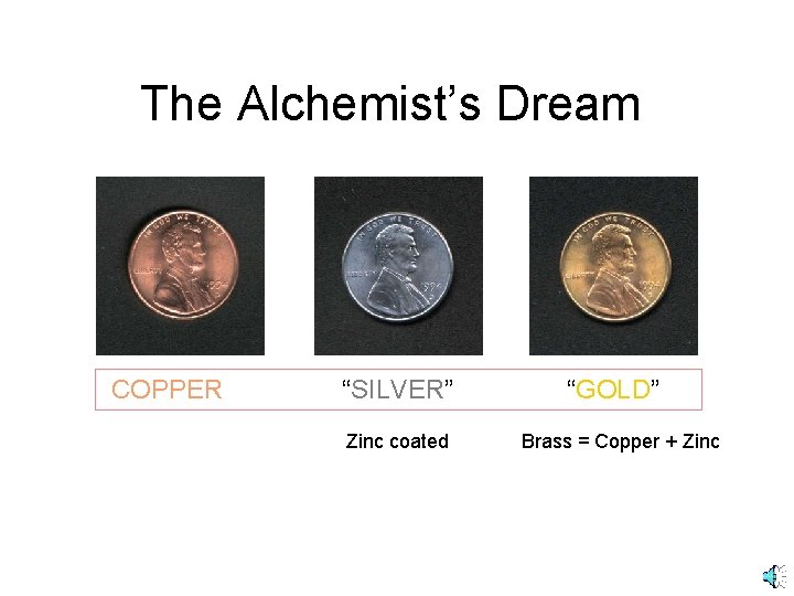 The Alchemist’s Dream COPPER “SILVER” Zinc coated “GOLD” Brass = Copper + Zinc The Alchemist’s Dream COPPER “SILVER” Zinc coated “GOLD” Brass = Copper + Zinc