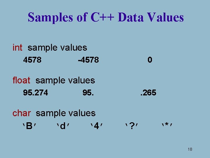 Samples of C++ Data Values int sample values 4578 -4578 0 float sample values