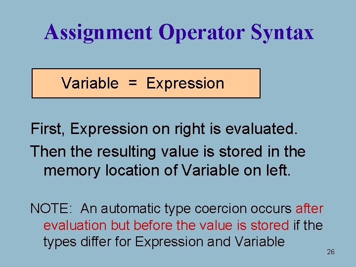 Assignment Operator Syntax Variable = Expression First, Expression on right is evaluated. Then the