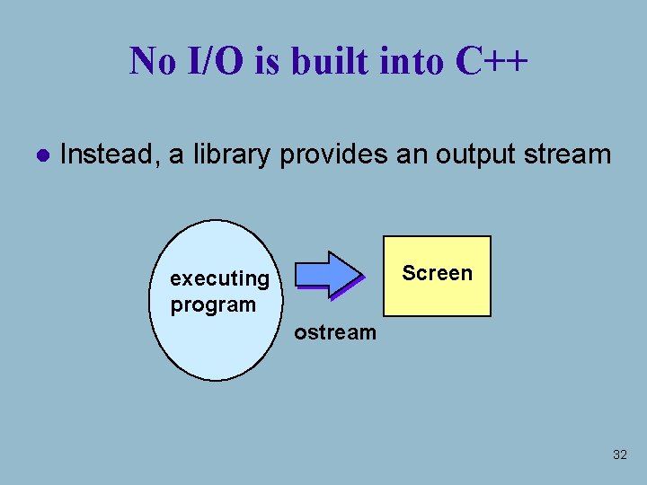 No I/O is built into C++ l Instead, a library provides an output stream