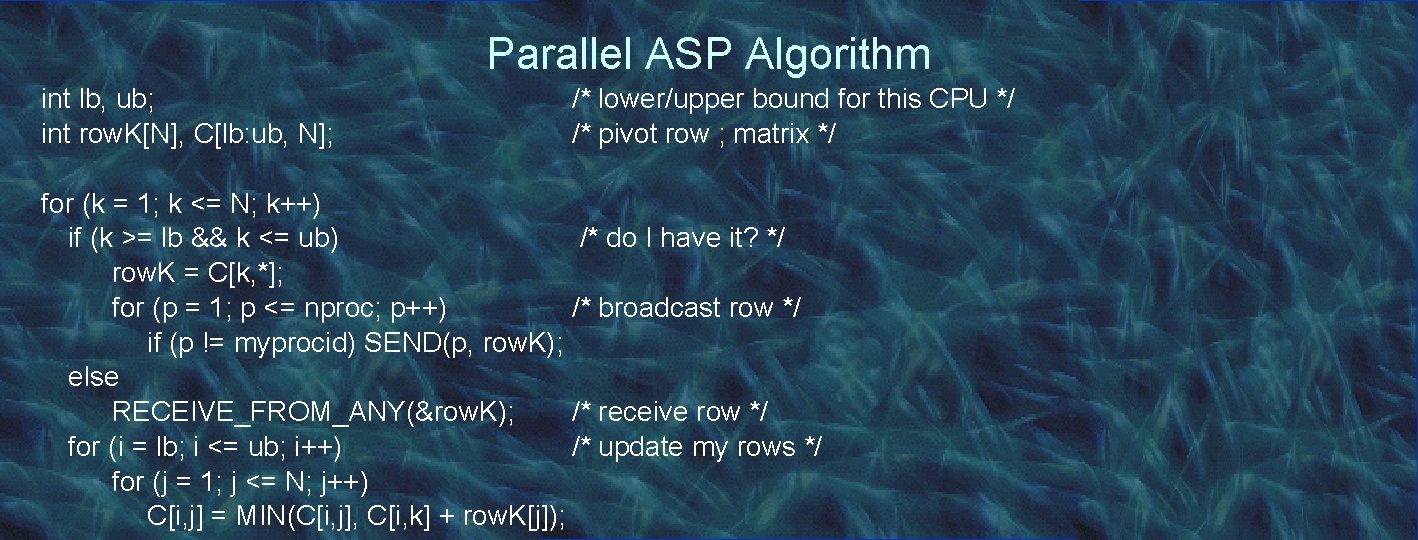 Parallel ASP Algorithm int lb, ub; int row. K[N], C[lb: ub, N]; /* lower/upper