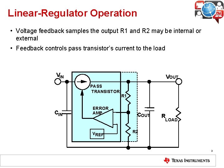 Linear-Regulator Operation • Voltage feedback samples the output R 1 and R 2 may