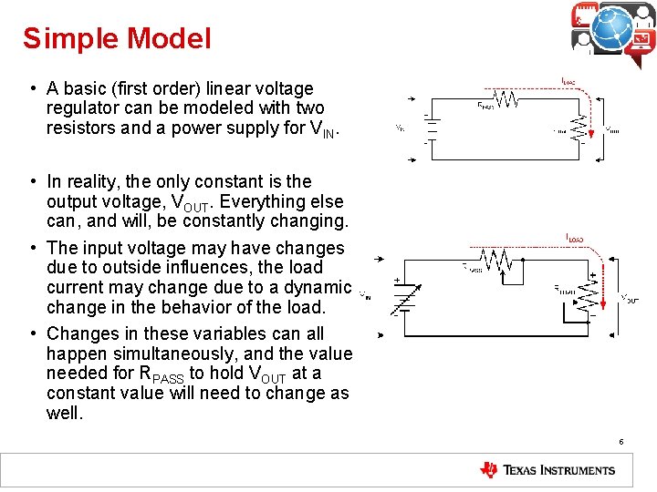 Simple Model • A basic (first order) linear voltage regulator can be modeled with