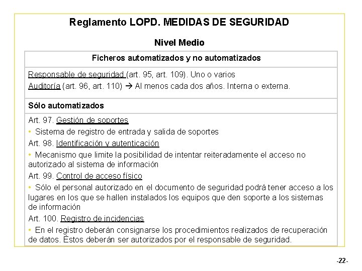 Reglamento LOPD. MEDIDAS DE SEGURIDAD Nivel Medio Ficheros automatizados y no automatizados Responsable de