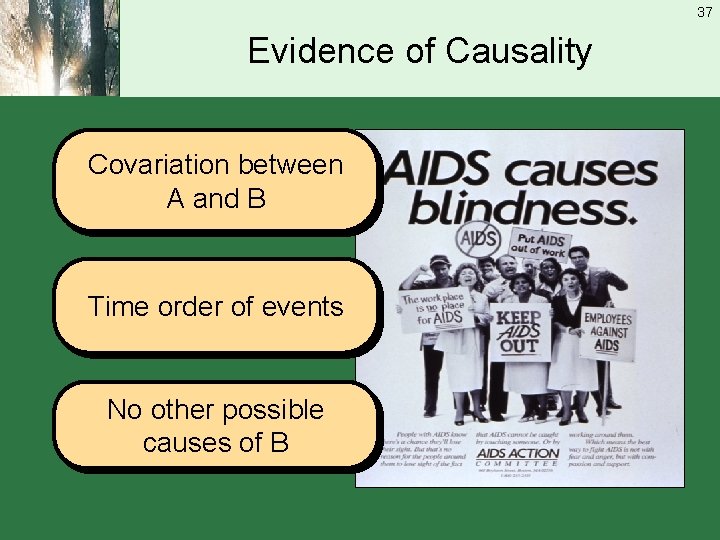 37 Evidence of Causality Covariation between A and B Time order of events No