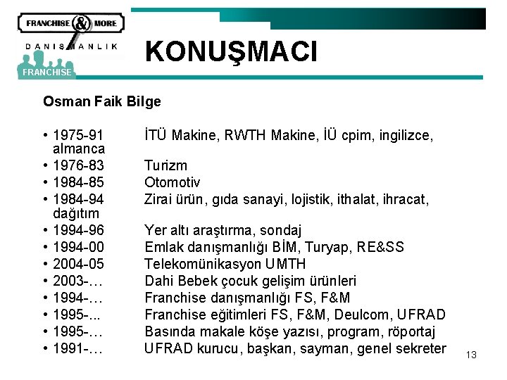 KONUŞMACI FRANCHISE Osman Faik Bilge • 1975 -91 almanca • 1976 -83 • 1984