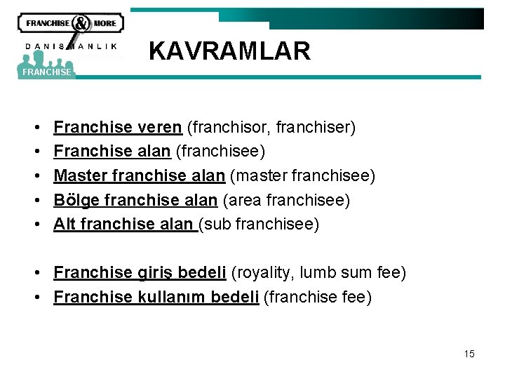 KAVRAMLAR FRANCHISE • • • Franchise veren (franchisor, franchiser) Franchise alan (franchisee) Master franchise