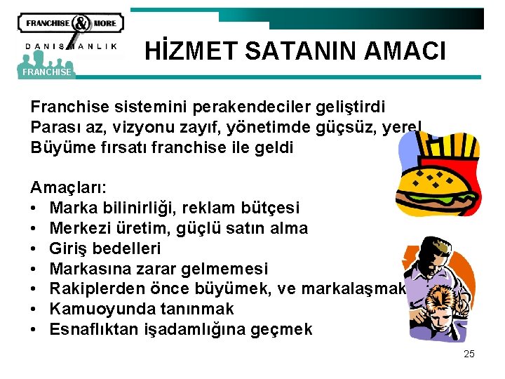 HİZMET SATANIN AMACI FRANCHISE Franchise sistemini perakendeciler geliştirdi Parası az, vizyonu zayıf, yönetimde güçsüz,