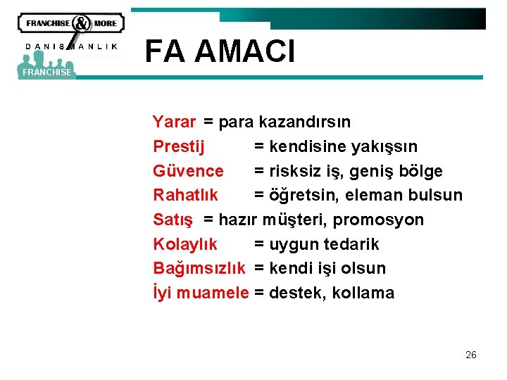FRANCHISE FA AMACI Yarar = para kazandırsın Prestij = kendisine yakışsın Güvence = risksiz