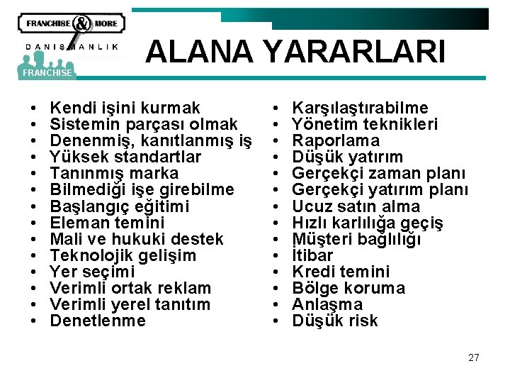 FRANCHISE • • • • ALANA YARARLARI Kendi işini kurmak Sistemin parçası olmak Denenmiş,