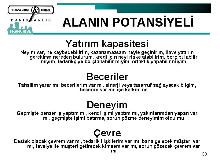 ALANIN POTANSİYELİ FRANCHISE Yatırım kapasitesi Neyim var, ne kaybedebilirim, kazanamazsam neyle geçinirim, ilave yatırım
