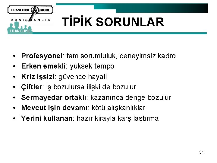 TİPİK SORUNLAR FRANCHISE • • Profesyonel: tam sorumluluk, deneyimsiz kadro Erken emekli: yüksek tempo