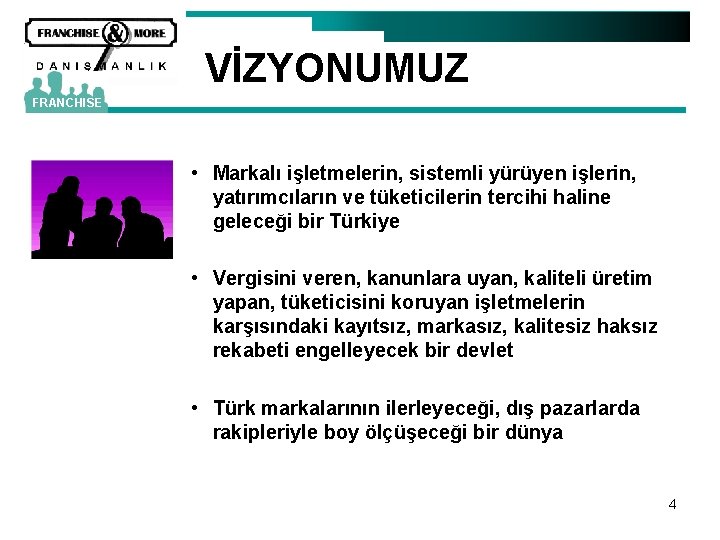 VİZYONUMUZ FRANCHISE • Markalı işletmelerin, sistemli yürüyen işlerin, yatırımcıların ve tüketicilerin tercihi haline geleceği