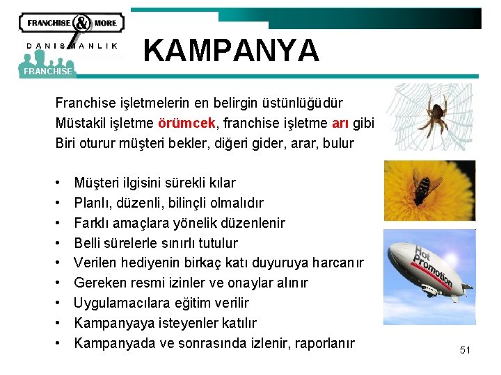 FRANCHISE KAMPANYA Franchise işletmelerin en belirgin üstünlüğüdür Müstakil işletme örümcek, franchise işletme arı gibi