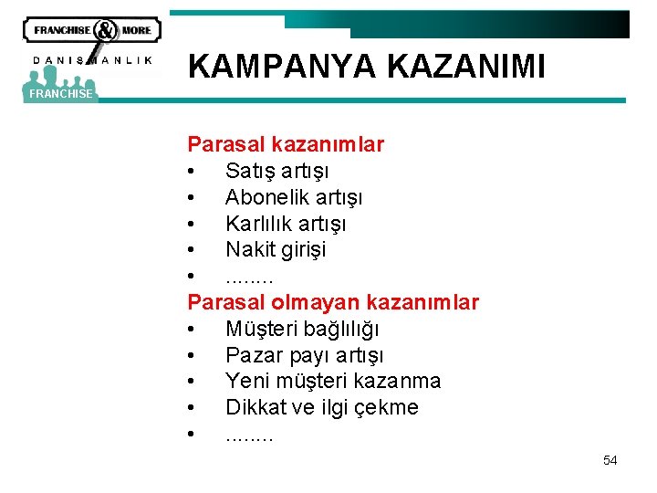 KAMPANYA KAZANIMI FRANCHISE Parasal kazanımlar • Satış artışı • Abonelik artışı • Karlılık artışı