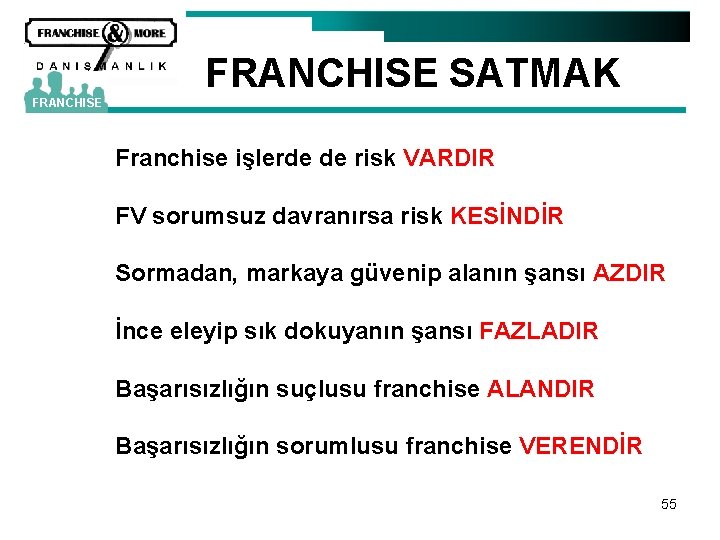 FRANCHISE SATMAK FRANCHISE Franchise işlerde de risk VARDIR FV sorumsuz davranırsa risk KESİNDİR Sormadan,