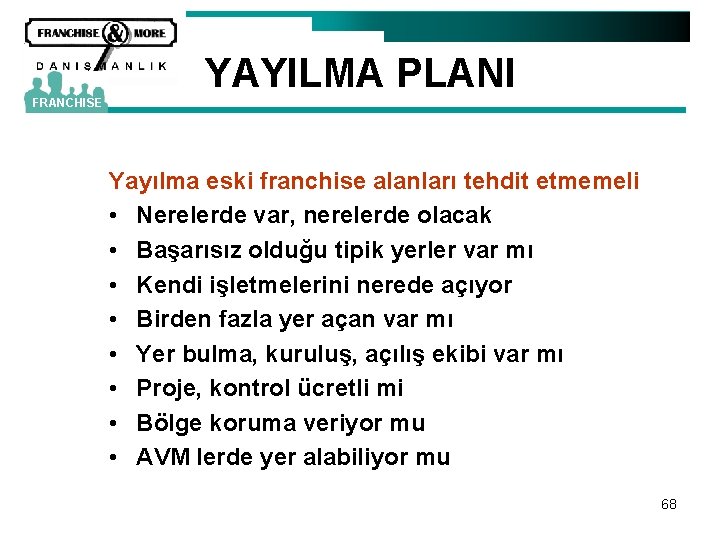 YAYILMA PLANI FRANCHISE Yayılma eski franchise alanları tehdit etmemeli • Nerelerde var, nerelerde olacak