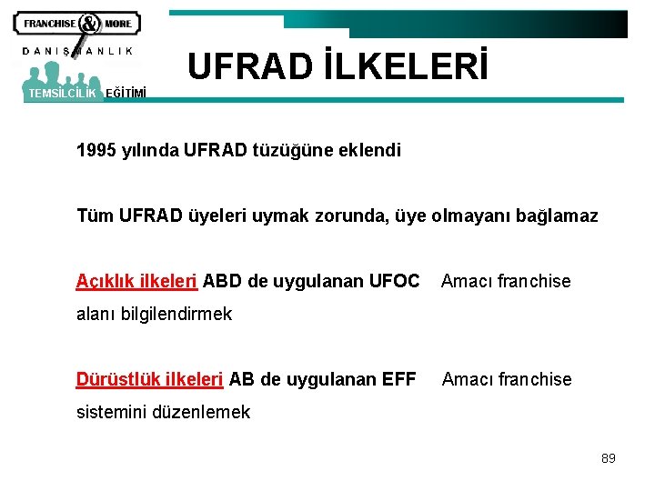 UFRAD İLKELERİ TEMSİLCİLİK EĞİTİMİ 1995 yılında UFRAD tüzüğüne eklendi Tüm UFRAD üyeleri uymak zorunda,