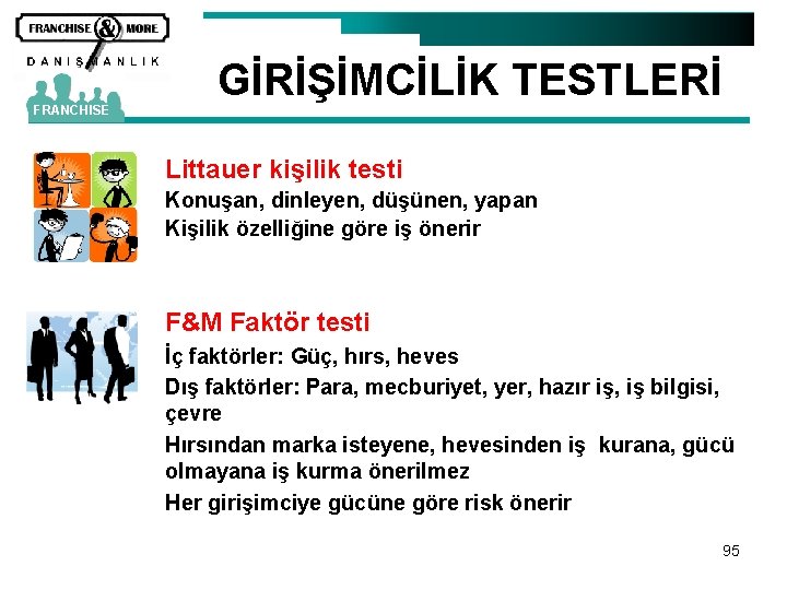 FRANCHISE GİRİŞİMCİLİK TESTLERİ Littauer kişilik testi Konuşan, dinleyen, düşünen, yapan Kişilik özelliğine göre iş