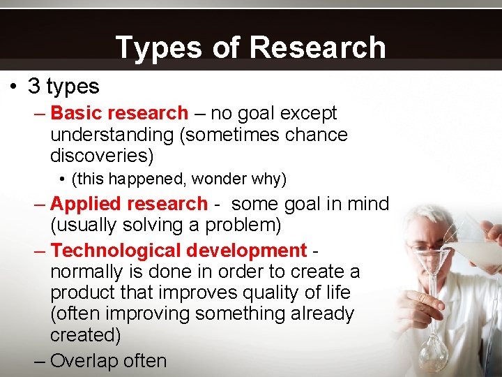 Types of Research • 3 types – Basic research – no goal except understanding