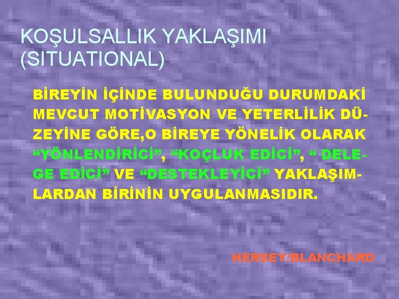 KOŞULSALLIK YAKLAŞIMI (SITUATIONAL) BİREYİN İÇİNDE BULUNDUĞU DURUMDAKİ MEVCUT MOTİVASYON VE YETERLİLİK DÜZEYİNE GÖRE, O