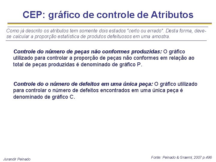 CEP: gráfico de controle de Atributos Como já descrito os atributos tem somente dois