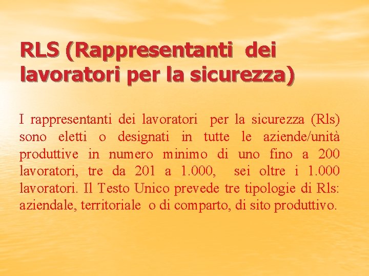 RLS (Rappresentanti dei lavoratori per la sicurezza) I rappresentanti dei lavoratori per la sicurezza