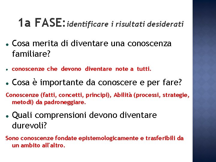 1 a FASE: identificare i risultati desiderati Cosa merita di diventare una conoscenza familiare? 1 a FASE: identificare i risultati desiderati Cosa merita di diventare una conoscenza familiare?