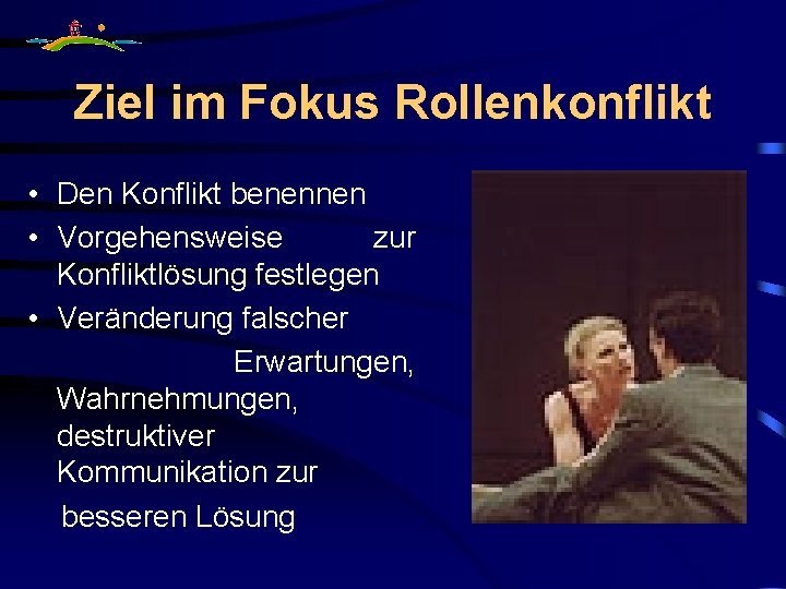 Ziel im Fokus Rollenkonflikt • Den Konflikt benennen • Vorgehensweise zur Konfliktlösung festlegen •