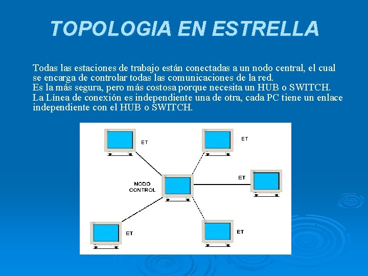 TOPOLOGIA EN ESTRELLA Todas las estaciones de trabajo están conectadas a un nodo central,