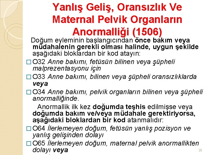 Yanlış Geliş, Oransızlık Ve Maternal Pelvik Organların Anormalliği (1506) Doğum eyleminin başlangıcından önce bakım