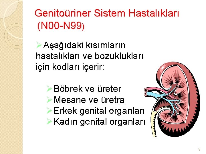 Genitoüriner Sistem Hastalıkları (N 00 -N 99) ØAşağıdaki kısımların hastalıkları ve bozuklukları için kodları