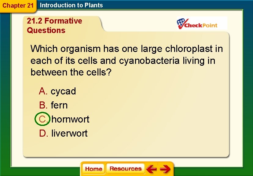 Chapter 21 Introduction to Plants 21. 2 Formative Questions Which organism has one large