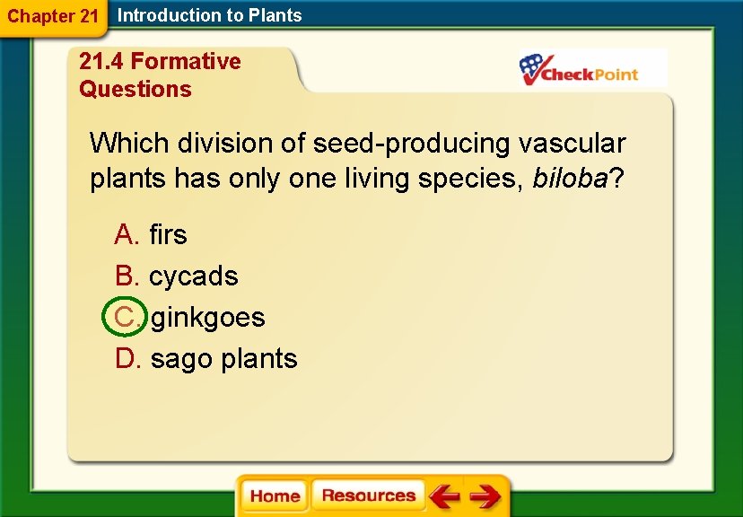 Chapter 21 Introduction to Plants 21. 4 Formative Questions Which division of seed-producing vascular