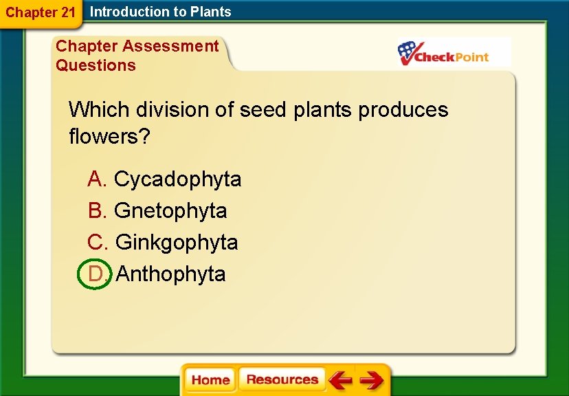 Chapter 21 Introduction to Plants Chapter Assessment Questions Which division of seed plants produces