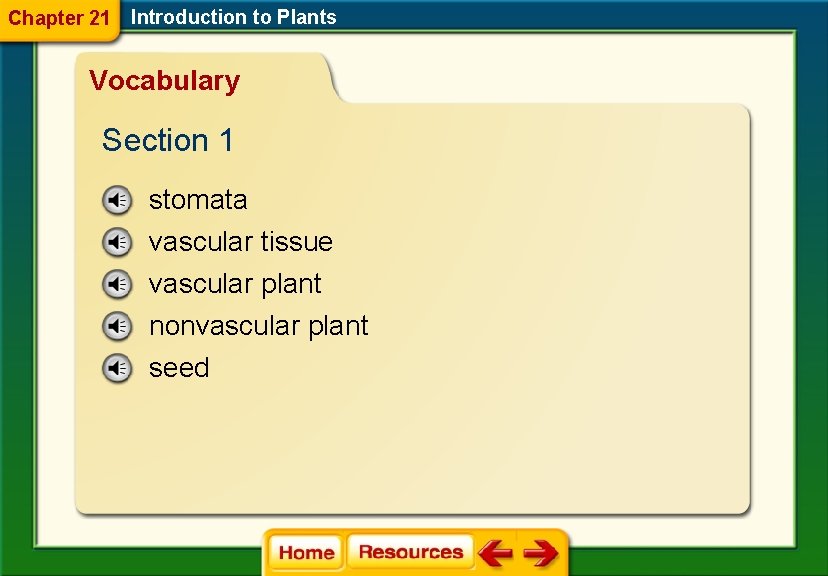 Chapter 21 Introduction to Plants Vocabulary Section 1 stomata vascular tissue vascular plant nonvascular