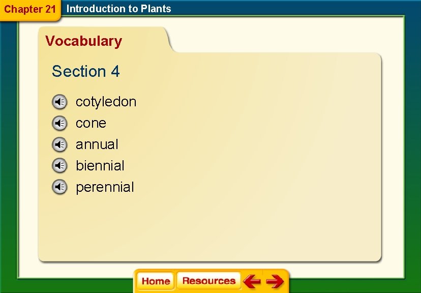 Chapter 21 Introduction to Plants Vocabulary Section 4 cotyledon cone annual biennial perennial 