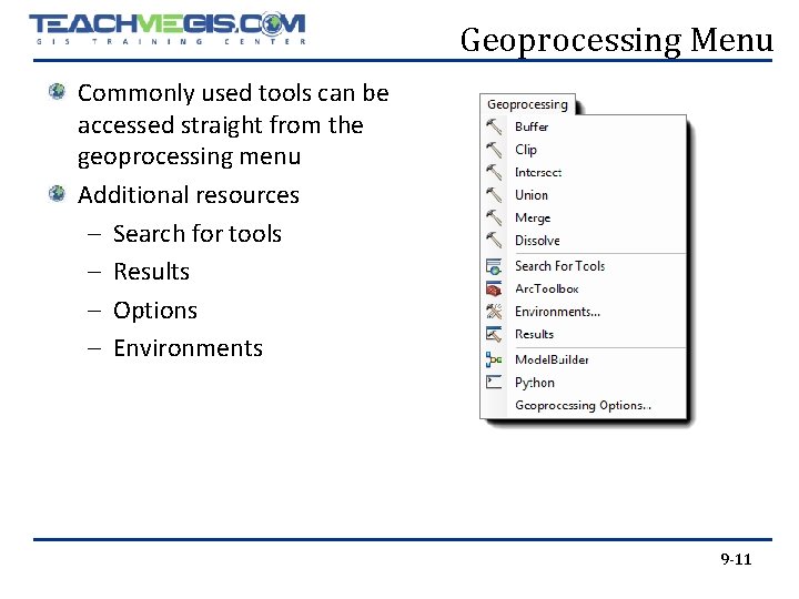 Geoprocessing Menu Commonly used tools can be accessed straight from the geoprocessing menu Additional