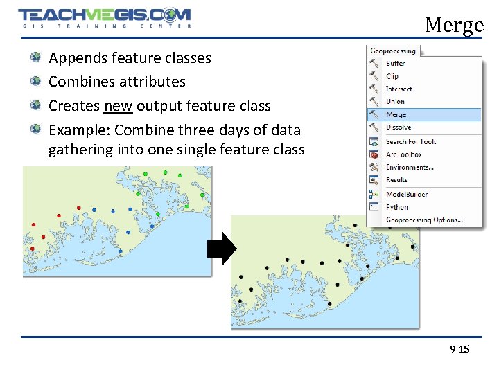 Merge Appends feature classes Combines attributes Creates new output feature class Example: Combine three