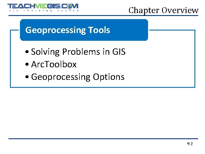 Chapter Overview Geoprocessing Tools • Solving Problems in GIS • Arc. Toolbox • Geoprocessing